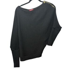 Guess Black Off-Shoulder Ribbed Sweater with Gold Zip Accent